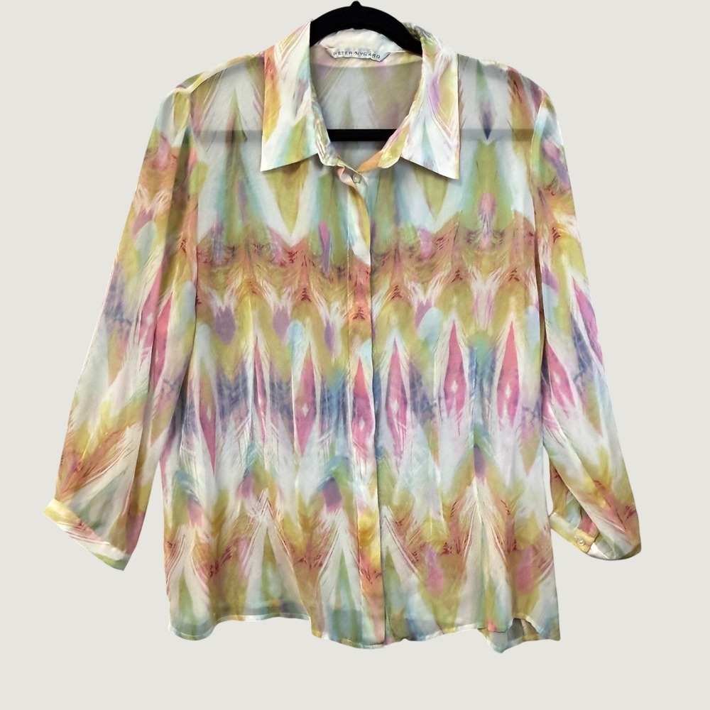 Peter Nygard Womens Multicolor Abstract Ikat Sheer Button Down Blouse Top